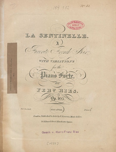 'La Sentinelle' with Variations, Op.105 No.1 Ries Ferdinand Piano Classique