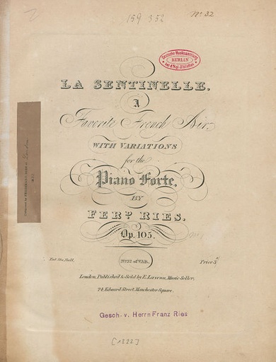 [MLP-452206] La Sentinelle with Variations, Op.105 No.1 Ries Ferdinand Piano Classique